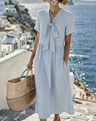 Kleid Gestreift Schleife V-Ausschnitt