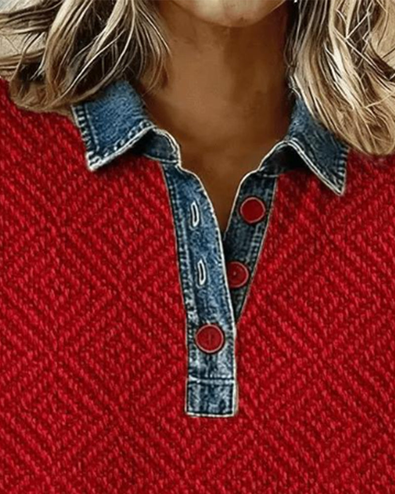 Sweatshirt Mit Kragen Denim Patchwork