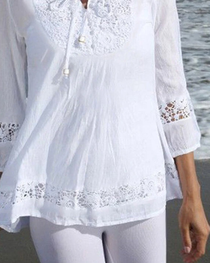 Bluse Rundhals Binden Spitze Patchwork Uni