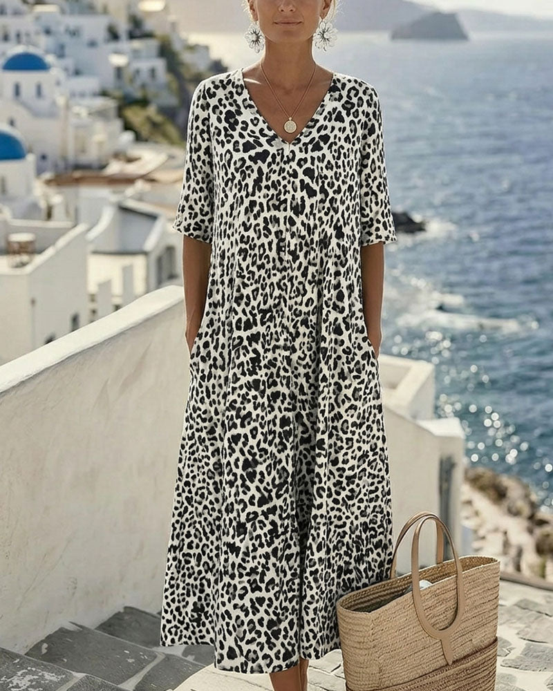 Kleider Leopard V-Ausschnitt Locker