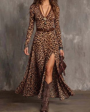 Kleid Leopardenmuster V-Ausschnitt Schlitz