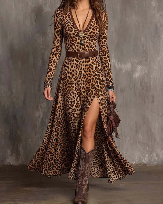 Leopardenmuster V-Ausschnitt Kleid Mit Schlitz