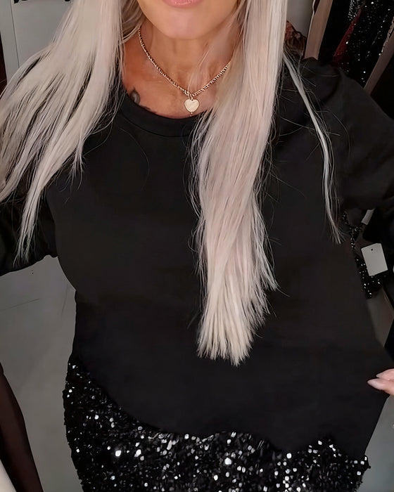 Kleid Runder Ausschnitt Langarmig Mit Pailletten Patchwork