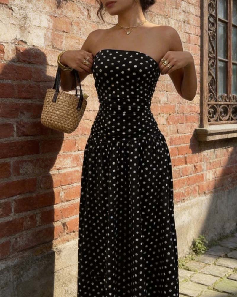 Kleid Tupfen Bandeau A-Linie Lang