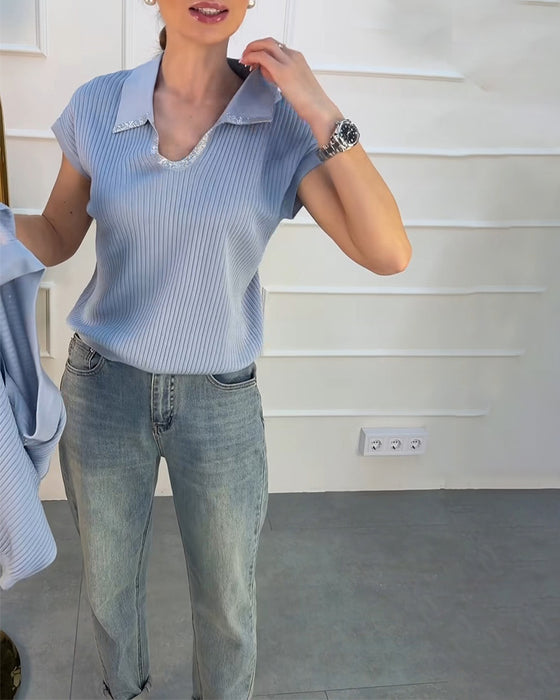 Pullover Revers Einfarbig Kurzarm