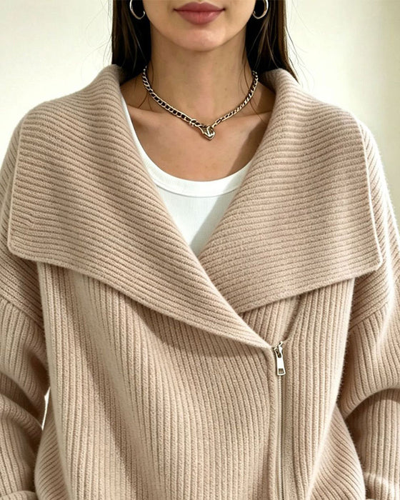 Strickjacke Großer Revers Diagonaler Reißverschluss