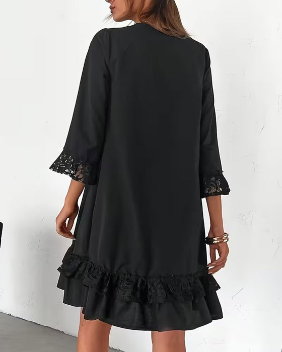 Kleid Rundhals Halblange Ärmel Spitzenflickwerk
