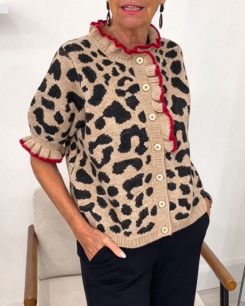 Pullover Rüschen Kurzarm Leopardenprint