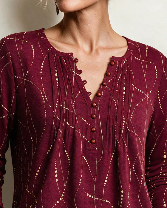 Bluse V-Ausschnitt Knopf Gerafft Linie