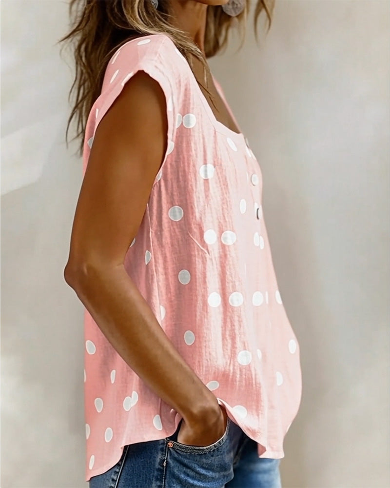 T-Shirt Quadratischer Ausschnitt Gepunktet Kurzarm