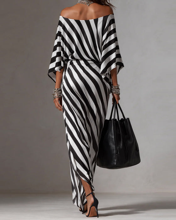 Kleid Off-Shoulder Fledermausärmel Streifen Lang