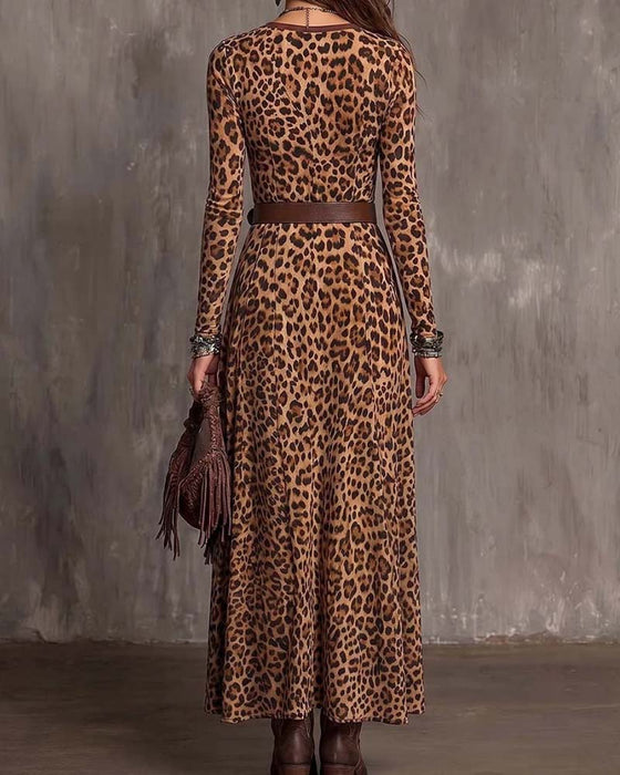 Leopardenmuster V-Ausschnitt Kleid Mit Schlitz