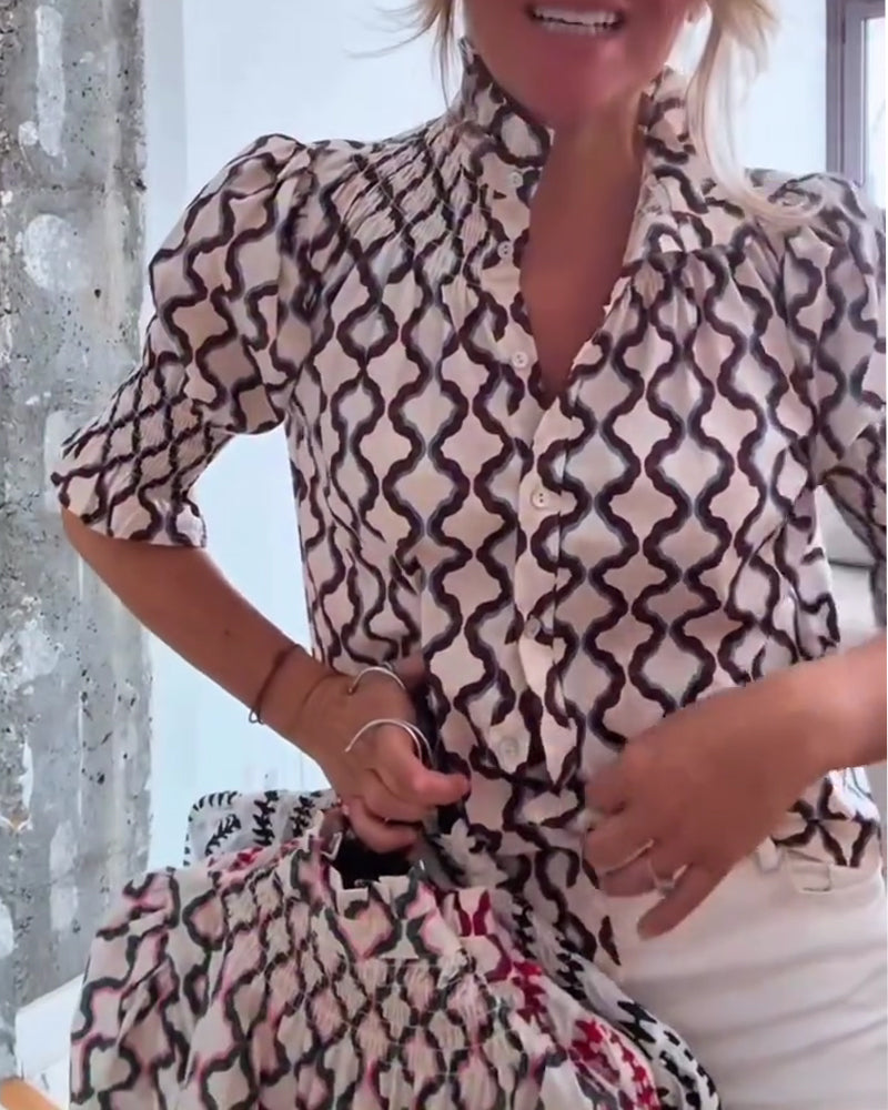 Hemd Wellenprint Stehkragen Puffärmel