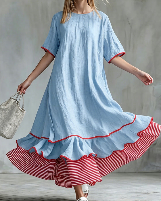 Kleid Farbblock Streifen Rüschen Maxi