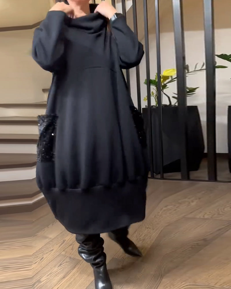 Sweatshirtkleid Hoher Kragen Plus Größe Glitzernd Tasche