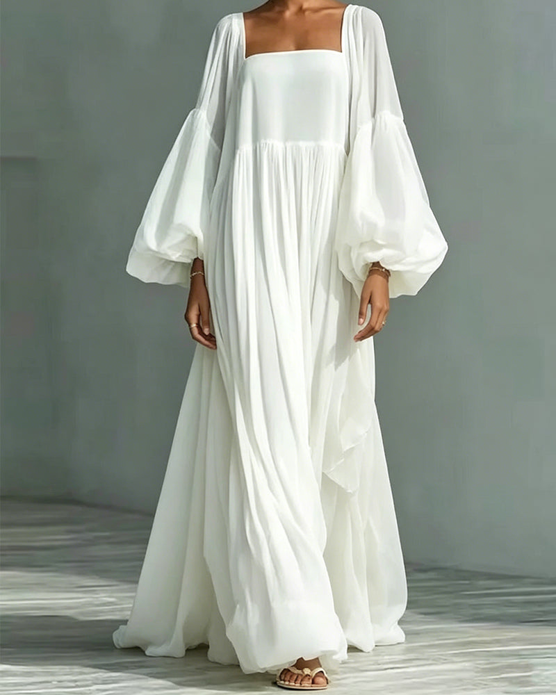 Kleid Quadratischer Ausschnitt Puff Ärmel Fee Maxi