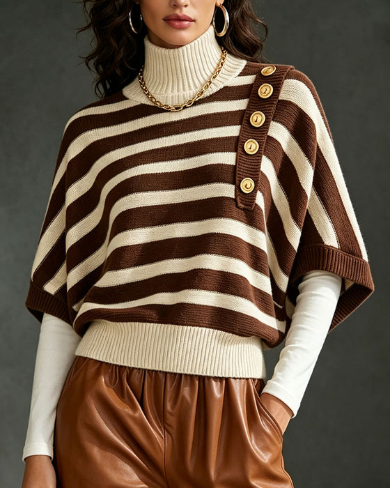 Pullover Rollkragen Knopf Gestreift Halbarm Sweater