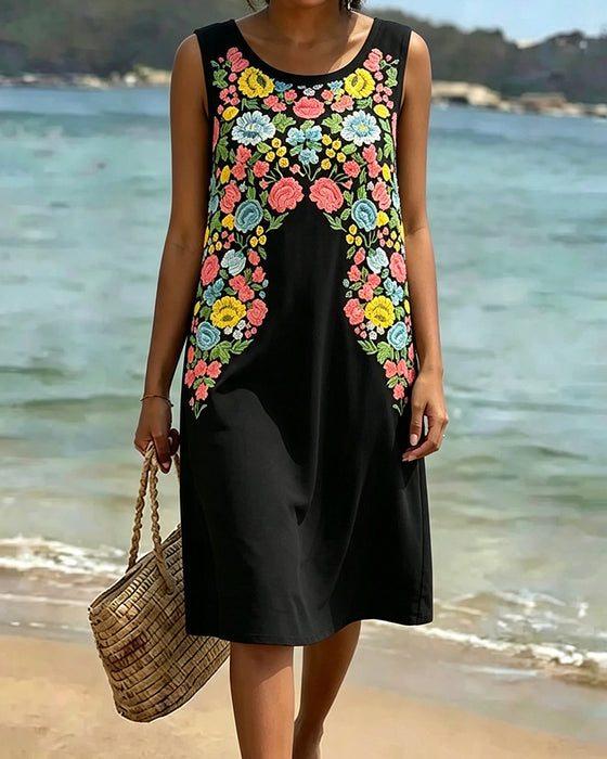 Kleid Bunt Blumen Ärmellos
