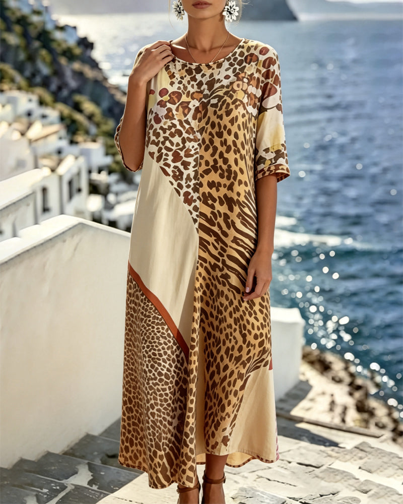 Kleid Leopard Print Rundhals Patchwork