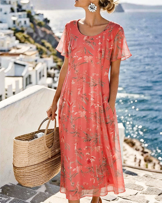 Kleid Blumig Rundhals Maxi