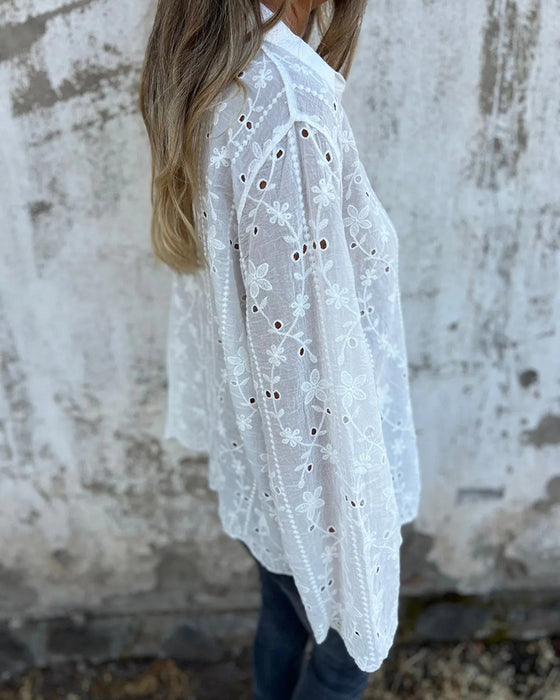 Bluse Floral Hohl-Ausgeschnitten Langarm