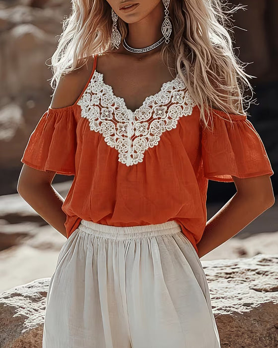 Bluse Spitze Patchwork Off-Shoulder
