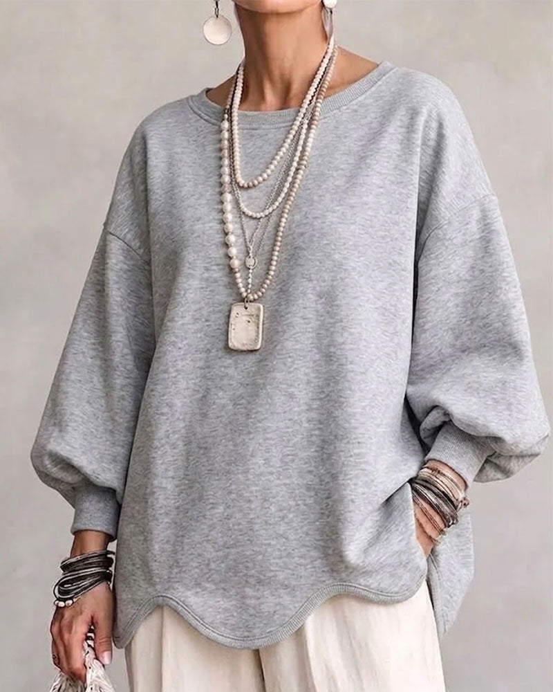 Sweatshirt Rundhals Laternenärmel Asymmetrisch