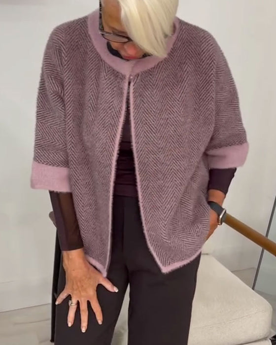 Cardigan Fischgrätenmuster Farbblock Cropped Gestrickt