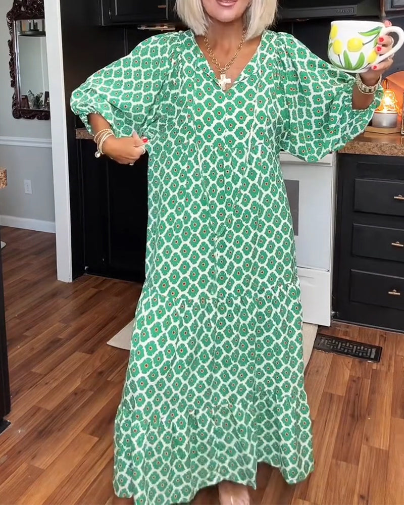 Kleid Diamant Druck V-Ausschnitt Maxi Gestuft