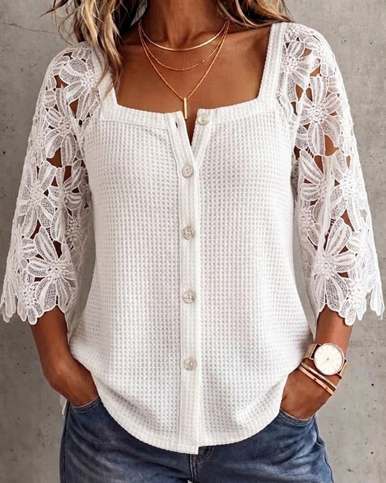 Bluse Spitze Panel Waffelgestrickt Knopf-Vorne