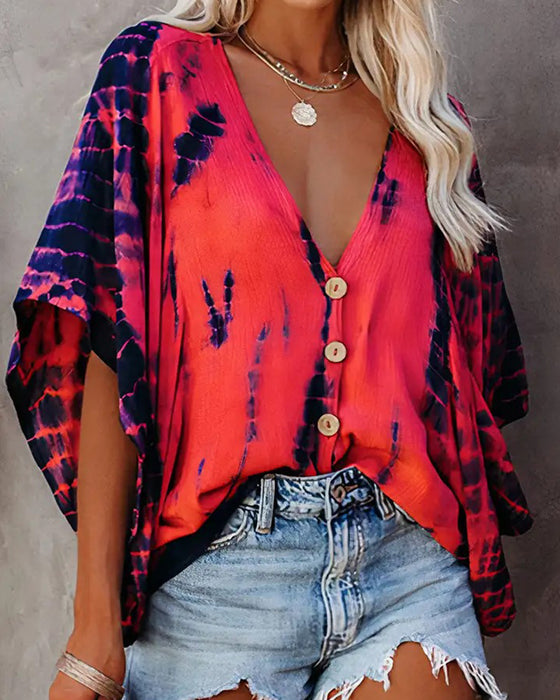 Bluse V-Ausschnitt Tie-Dye Lässig