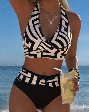 Bikini Geometrisch Druck Hohe Taille