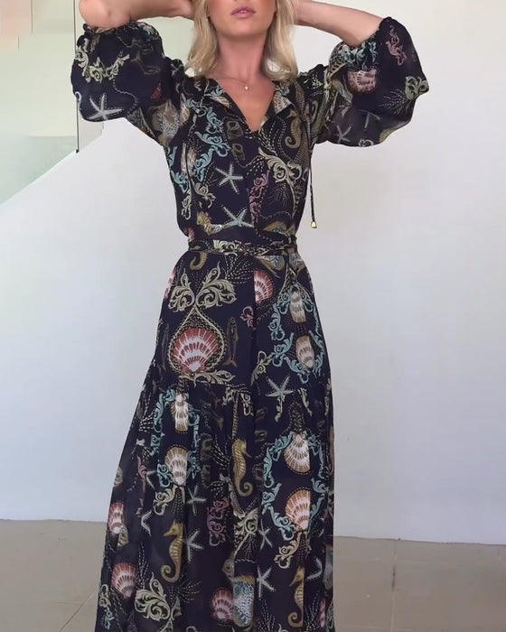 Kleid V-Ausschnitt Marine Druck Langarm