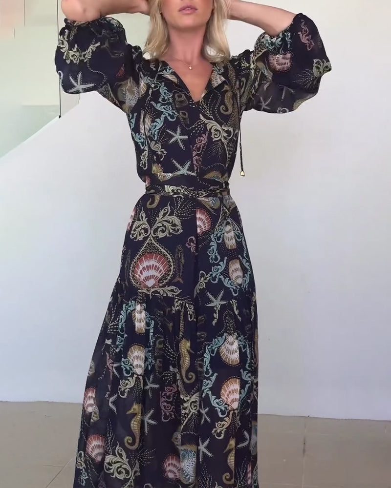 Kleid V-Ausschnitt Marine Druck Langarm