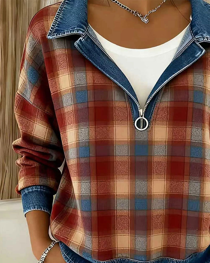 Top Denim Kragen Karo Halb-Reißverschluss