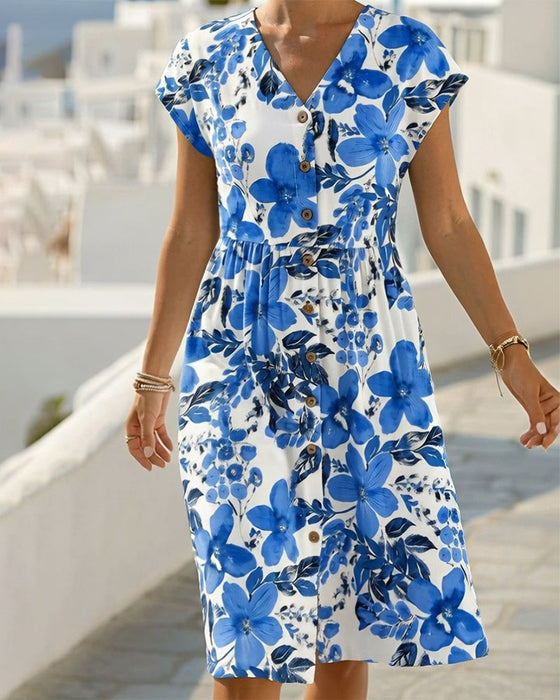 Kleid Blumendruck V-Ausschnitt Kurzarm