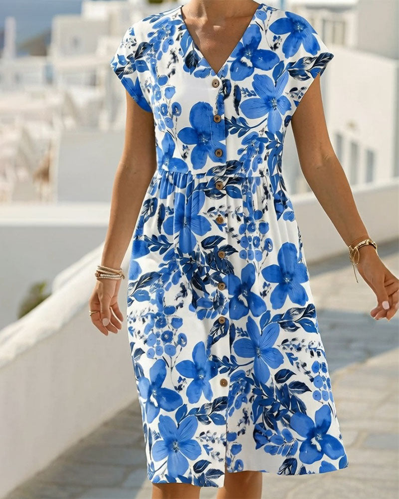 Kleid Blumendruck V-Ausschnitt Kurzarm