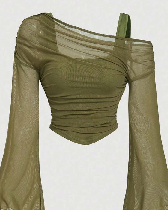 Bluse Netz Rüsche Langarm Cami