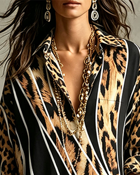 Kleid Leopard Diagonaler Streifen Revers