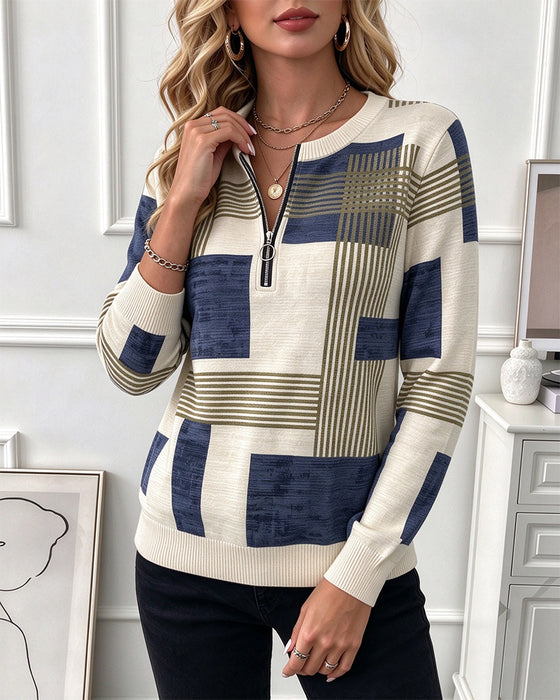 Sweatshirt Rundhals Geometrisch Halber Reißverschluss Gestrickt