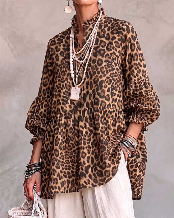 Oberteil Leopard Druck Rüsche Besatz Knopf