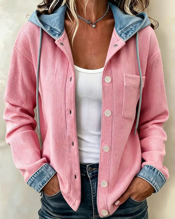 Mantel Kapuze Gerippt Denim Patchwork Geknöpft