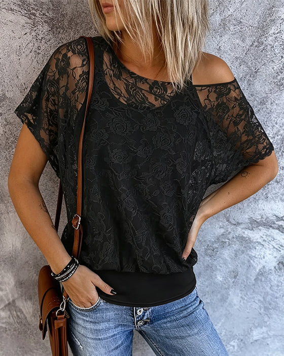 T-Shirt Off-Shoulder Spitze Patchwork Träger