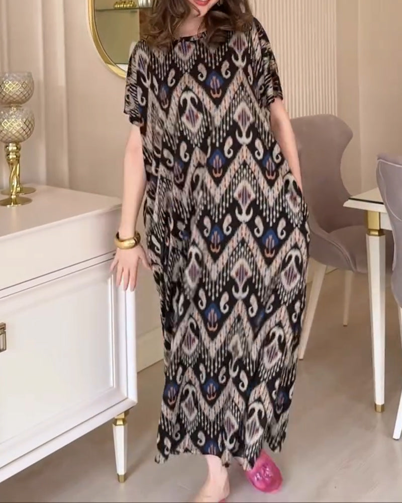 Kleid Runder Hals Gedruckt Locker Lang