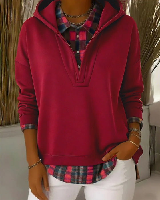 Kapuzenpullover Fake-Zweiteiler kariertes Patchwork