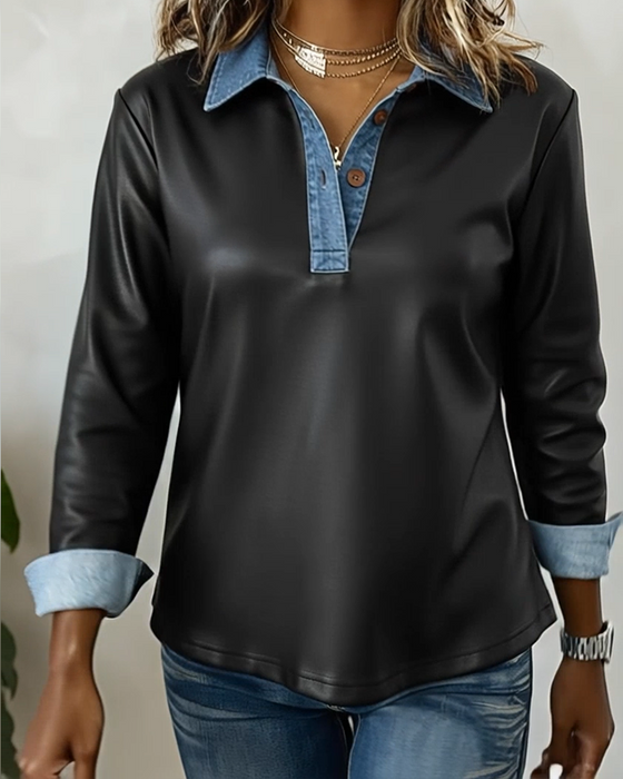 Top casual mit Kragen Leder Patchwork
