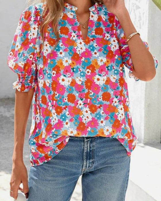Bluse Blumenprint Puff Kurzarm