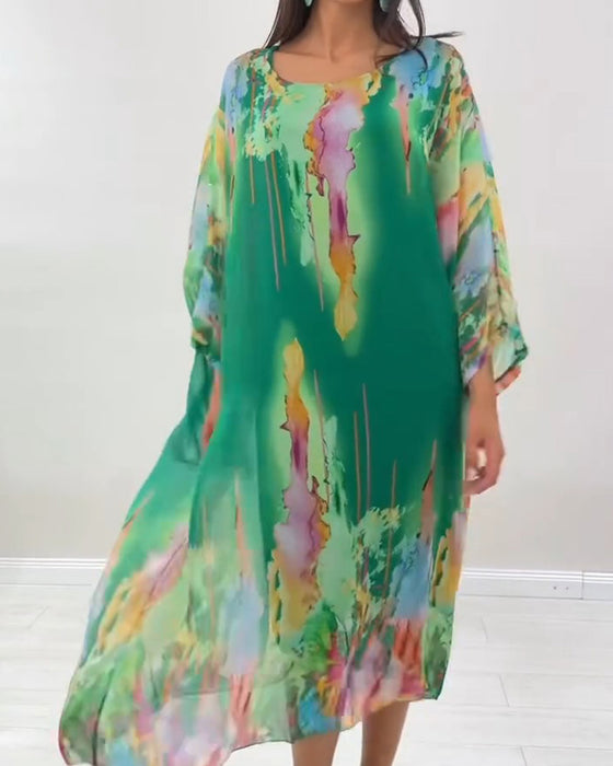 Kleid Rundhals Fledermausärmel Fleckig