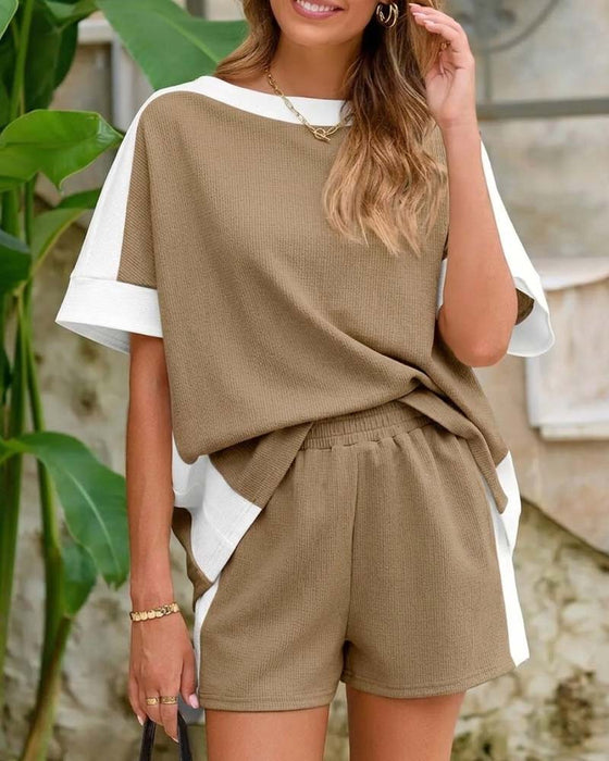 Set Farbblock Kurzer Ärmel Shorts Lässig