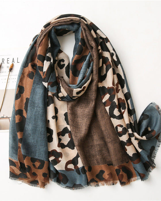 Damen Schal Leopard Patchwork Print Fransen Schal